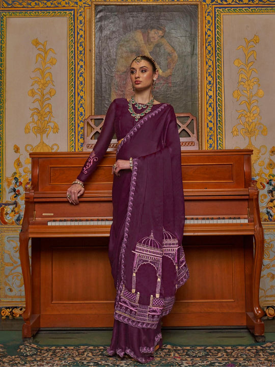 Satin Chiffon Fabric With Multi Thread Embroidery Work