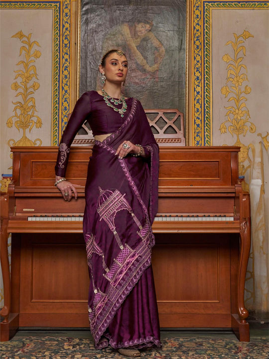 Satin Chiffon Fabric With Multi Thread Embroidery Work