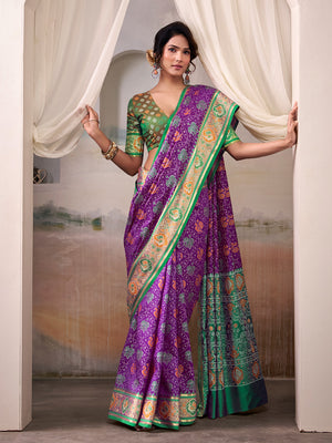 Purple Banarasi Patola Silk Saree With Blouse Piece
