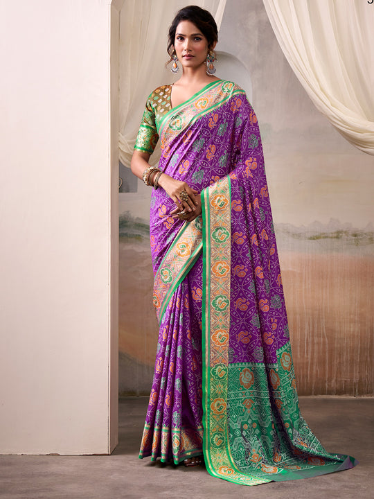 Purple Banarasi Patola Silk Saree With Blouse Piece