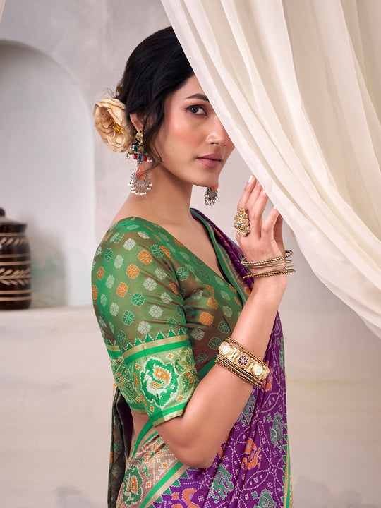 Purple Banarasi Patola Silk Saree With Blouse Piece