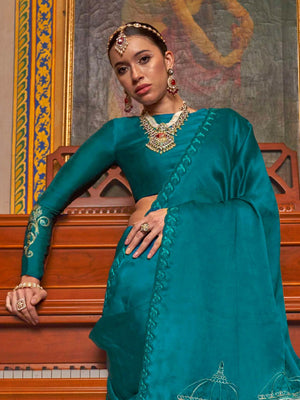 Satin Chiffon Fabric With Multi Thread Embroidery Work