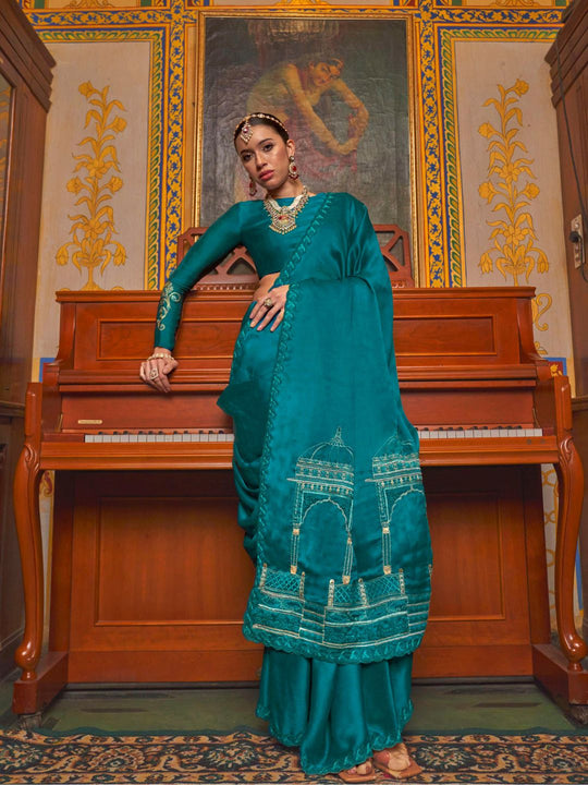 Satin Chiffon Fabric With Multi Thread Embroidery Work
