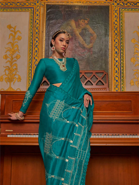 Satin Chiffon Fabric With Multi Thread Embroidery Work