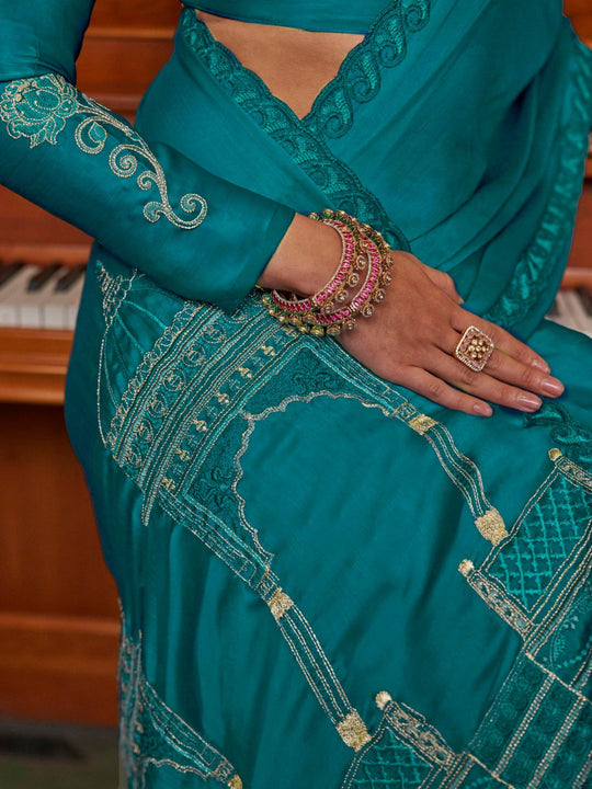 Satin Chiffon Fabric With Multi Thread Embroidery Work