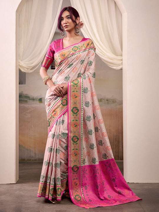 Light Pink Banarasi Patola Silk Saree With Blouse Piece
