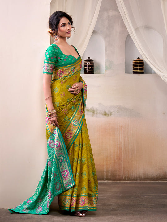 Lime Green Banarasi Patola Silk Saree With Blouse Piece