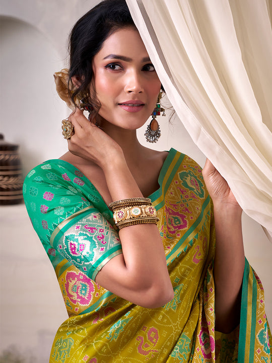 Lime Green Banarasi Patola Silk Saree With Blouse Piece