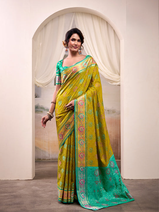 Lime Green Banarasi Patola Silk Saree With Blouse Piece