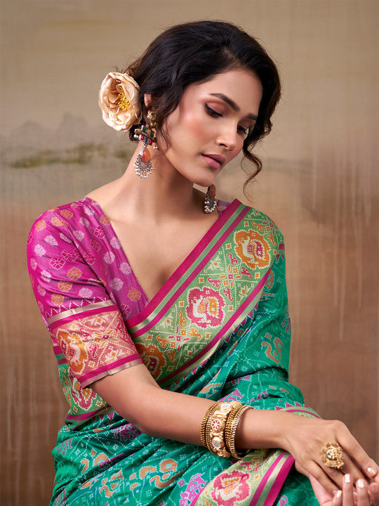 Green Banarasi Patola Silk Saree With Blouse Piece