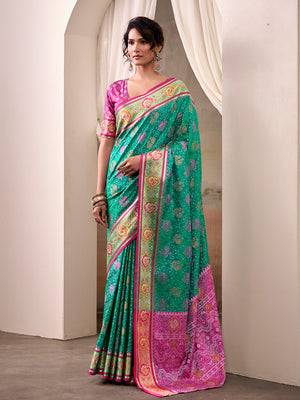 Green Banarasi Patola Silk Saree With Blouse Piece