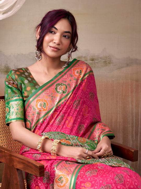Pink Banarasi Patola Silk Saree With Blouse Piece