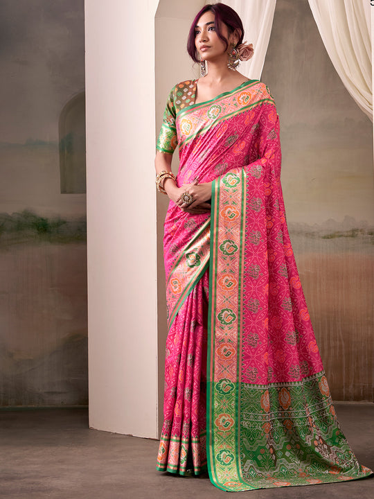 Pink Banarasi Patola Silk Saree With Blouse Piece