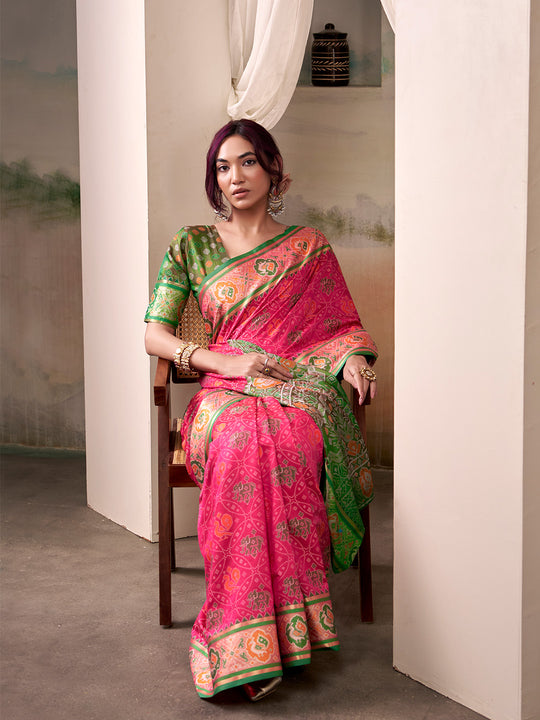 Pink Banarasi Patola Silk Saree With Blouse Piece