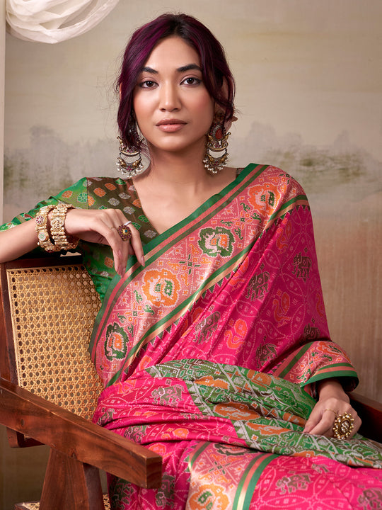 Pink Banarasi Patola Silk Saree With Blouse Piece