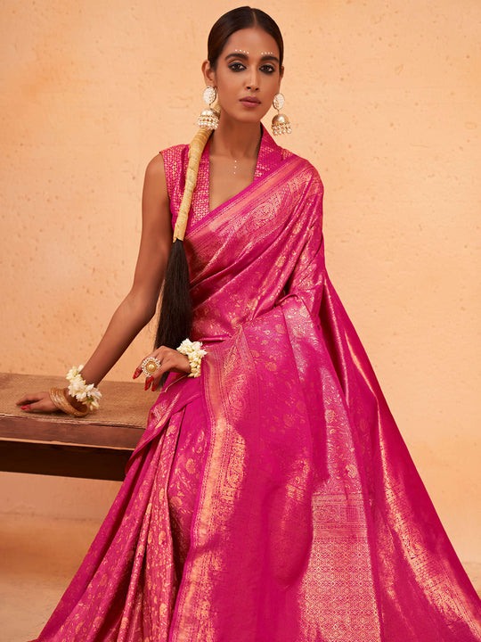 Pink Kanjivaram Art Silk Saree With Blouse Piece