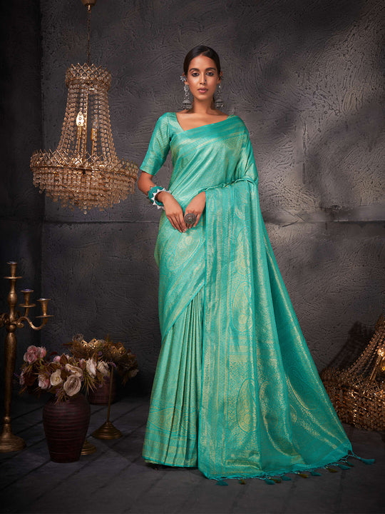 Turquoise Blue Kanjivaram Art Silk Saree With Blouse Piece