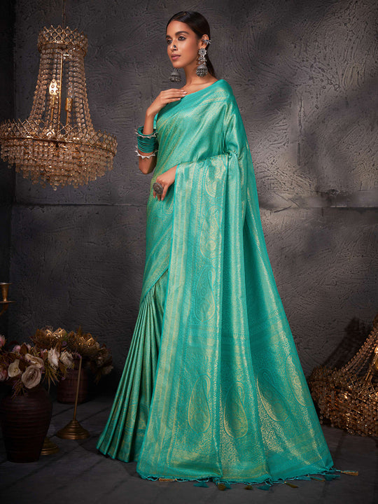 Turquoise Blue Kanjivaram Art Silk Saree With Blouse Piece