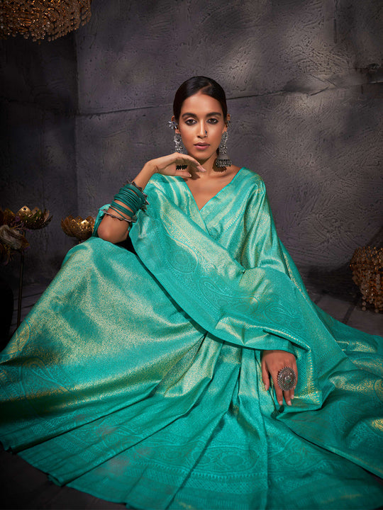 Turquoise Blue Kanjivaram Art Silk Saree With Blouse Piece