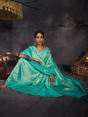 Turquoise Blue Kanjivaram Art Silk Saree With Blouse Piece