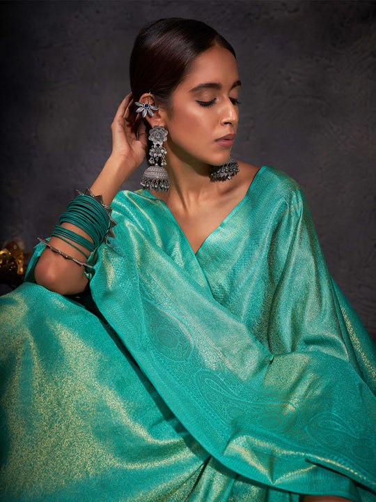 Turquoise Blue Kanjivaram Art Silk Saree With Blouse Piece