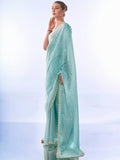 Blue Embellished Beads And Stones Pure Chiffon Saree With Blouse Piece
