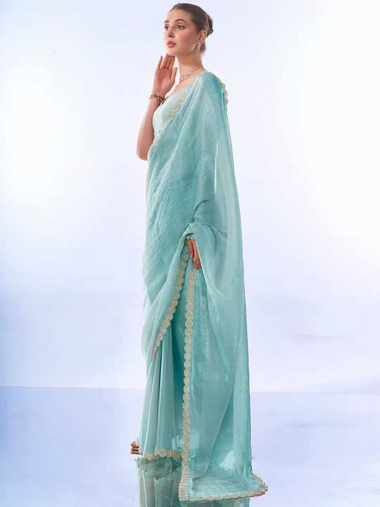 Blue Embellished Beads And Stones Pure Chiffon Saree With Blouse Piece