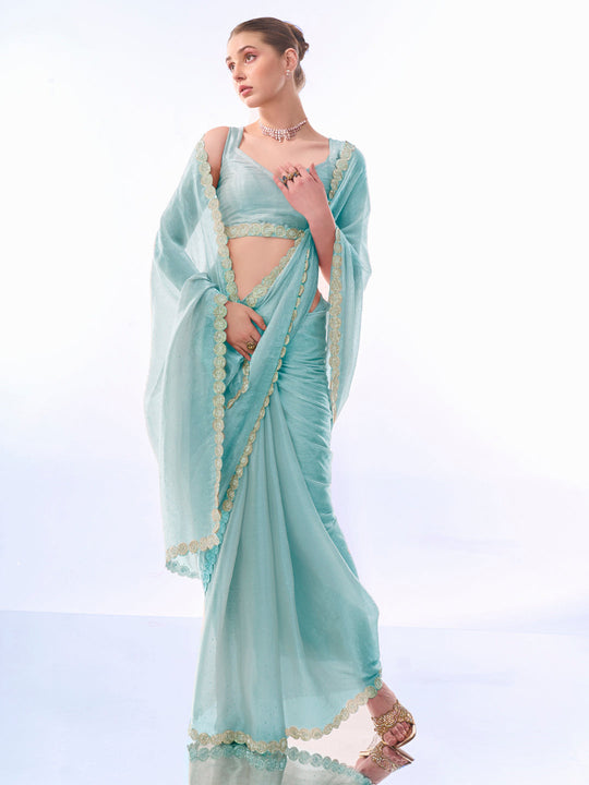 Blue Embellished Beads And Stones Pure Chiffon Saree With Blouse Piece