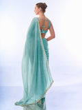 Blue Embellished Beads And Stones Pure Chiffon Saree With Blouse Piece
