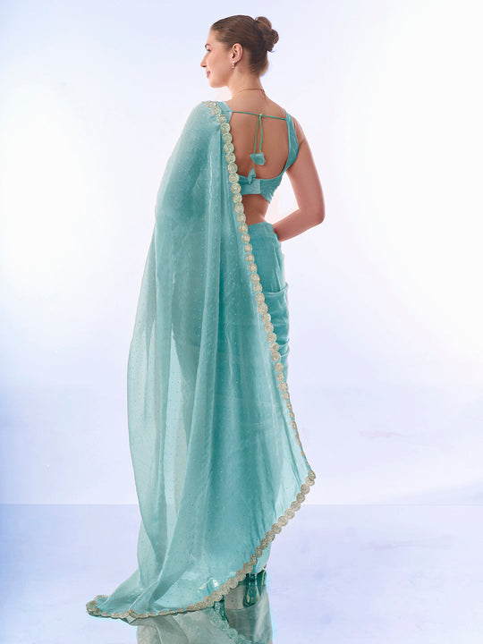 Blue Embellished Beads And Stones Pure Chiffon Saree With Blouse Piece