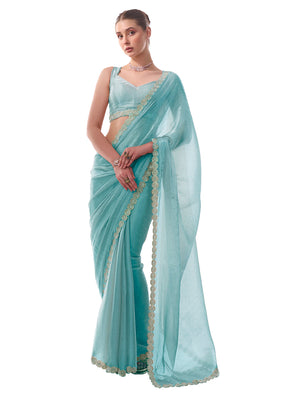 Blue Embellished Beads And Stones Pure Chiffon Saree With Blouse Piece