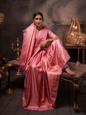 Pink Kanjivaram Art Silk Saree With Blouse Piece