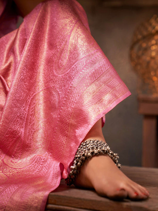 Pink Kanjivaram Art Silk Saree With Blouse Piece