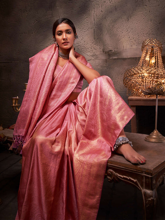 Pink Kanjivaram Art Silk Saree With Blouse Piece