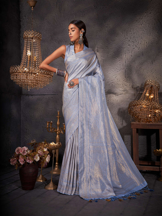 Light Blue Kanjivaram Art Silk Saree With Blouse Piece