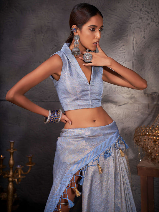 Light Blue Kanjivaram Art Silk Saree With Blouse Piece
