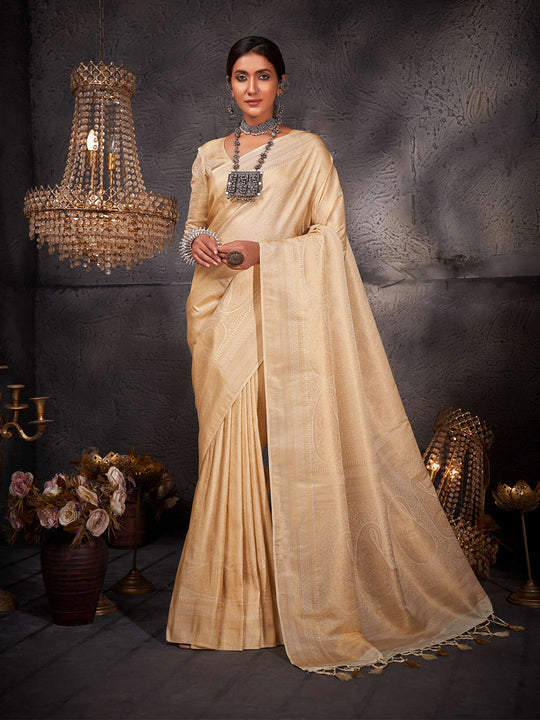 Off-White Kanjivaram Art Silk Saree With Blouse Piece