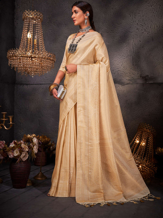 Off-White Kanjivaram Art Silk Saree With Blouse Piece