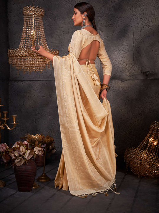 Off-White Kanjivaram Art Silk Saree With Blouse Piece