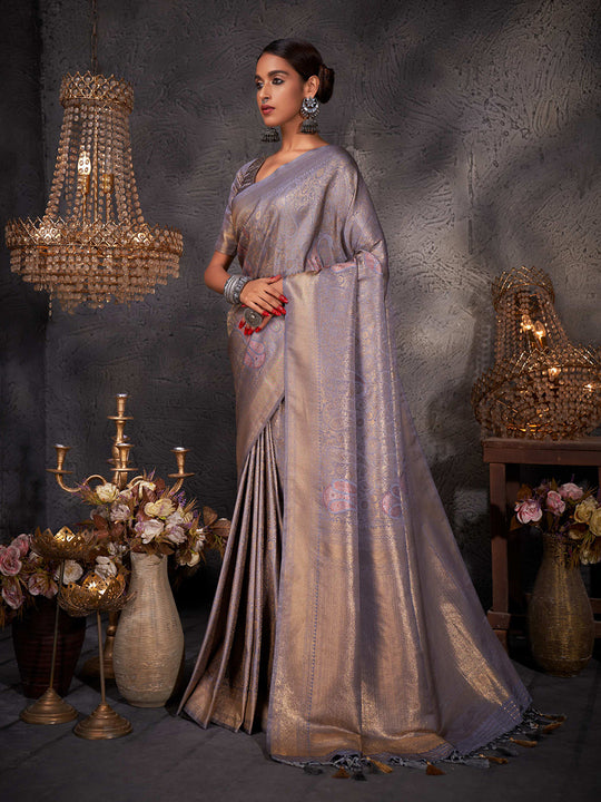 Grey Kanjivaram Art Silk Saree With Blouse Piece