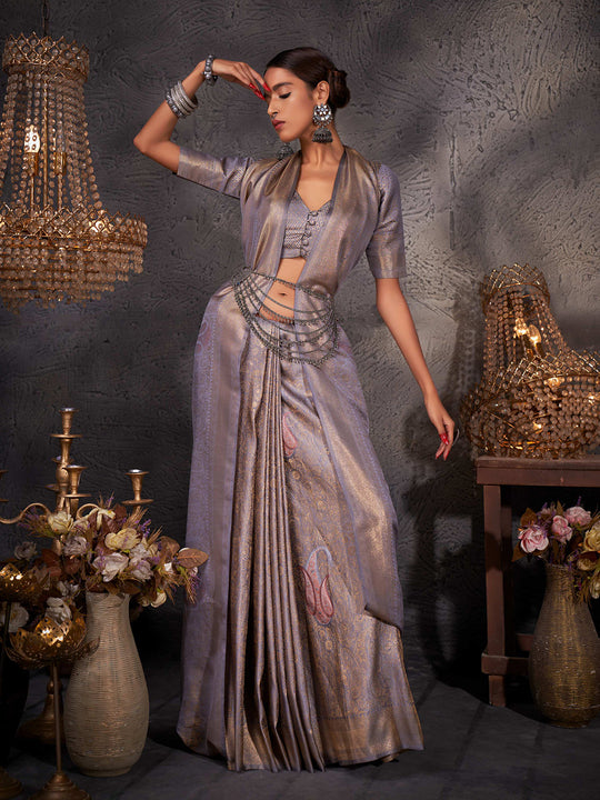 Grey Kanjivaram Art Silk Saree With Blouse Piece