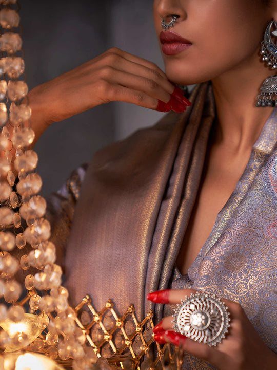 Grey Kanjivaram Art Silk Saree With Blouse Piece