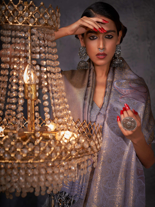 Grey Kanjivaram Art Silk Saree With Blouse Piece