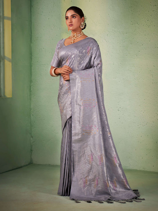 Grey Kanjivaram  Art Silk Saree With Blouse Piece