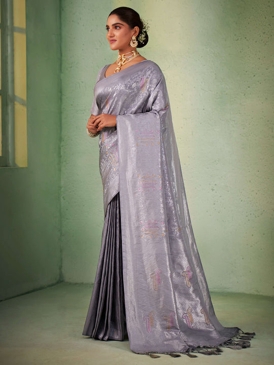 Grey Kanjivaram  Art Silk Saree With Blouse Piece