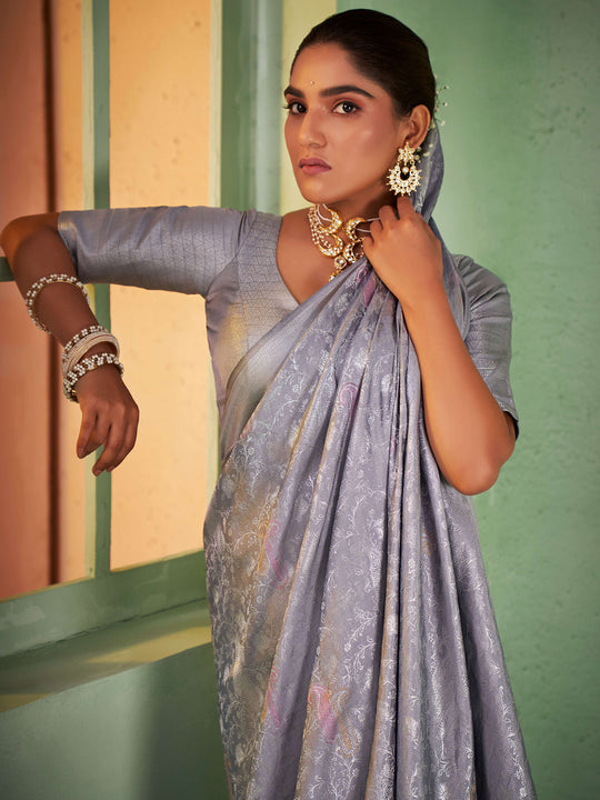 Grey Kanjivaram  Art Silk Saree With Blouse Piece