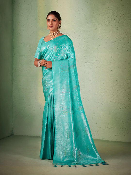 Turquoise Blue Kanjivaram Art Silk Saree With Blouse Piece