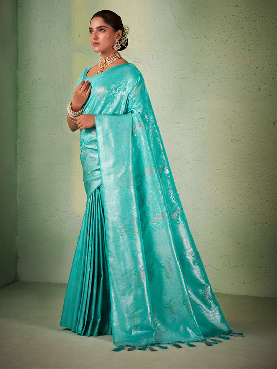 Turquoise Blue Kanjivaram Art Silk Saree With Blouse Piece
