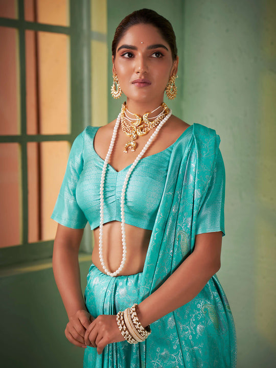 Turquoise Blue Kanjivaram Art Silk Saree With Blouse Piece