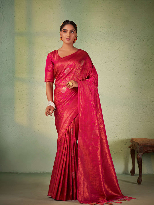 Dark Pink Kanjivaram Art Silk Saree With Blouse Piece